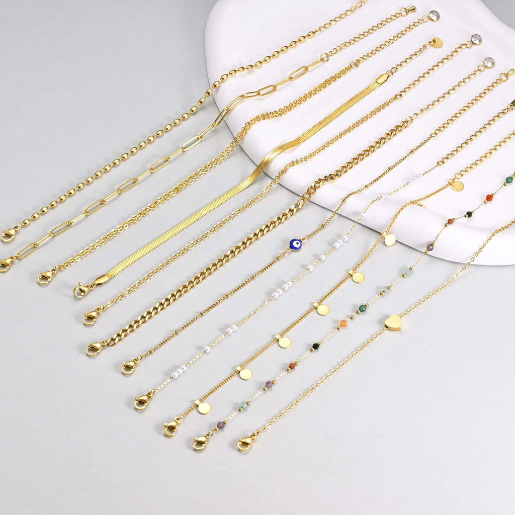 Edelstahl-Perlen-Fußkettchen für Frauen, 18k vergoldete Fußkette, verstellbare, stapelbare Armbänder als Beinschmuck