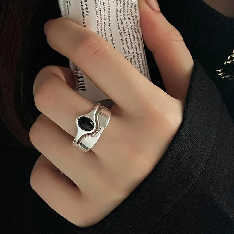 Anillo de plata de ley 925 chapado para mujer, regalo para niña, piedra negra, cristal esmaltado, retro, punk, abierto, joyería al por mayor
