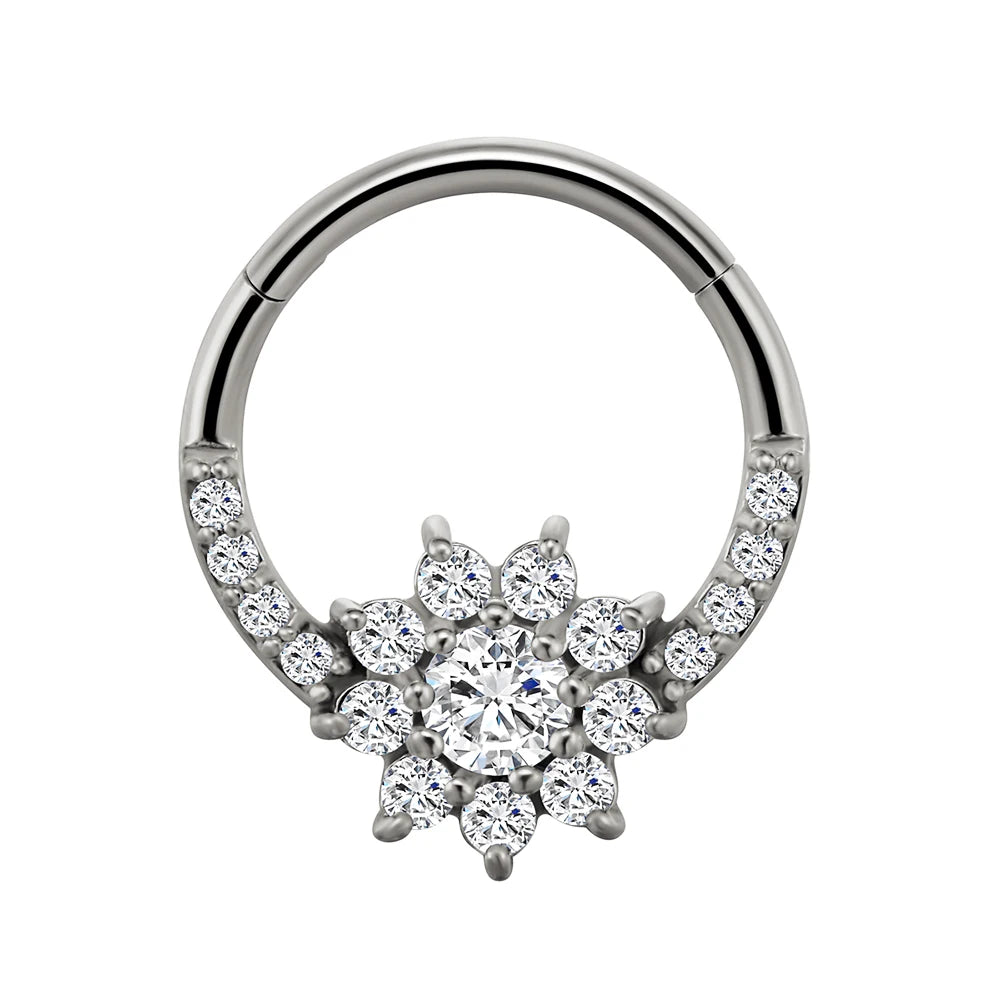 Anillo de nariz con flores, tabique, 100 % acero quirúrgico 316L, circonita, clicker, perforación Daith, cartílago de oreja, aro Helix, flores, gotas de agua