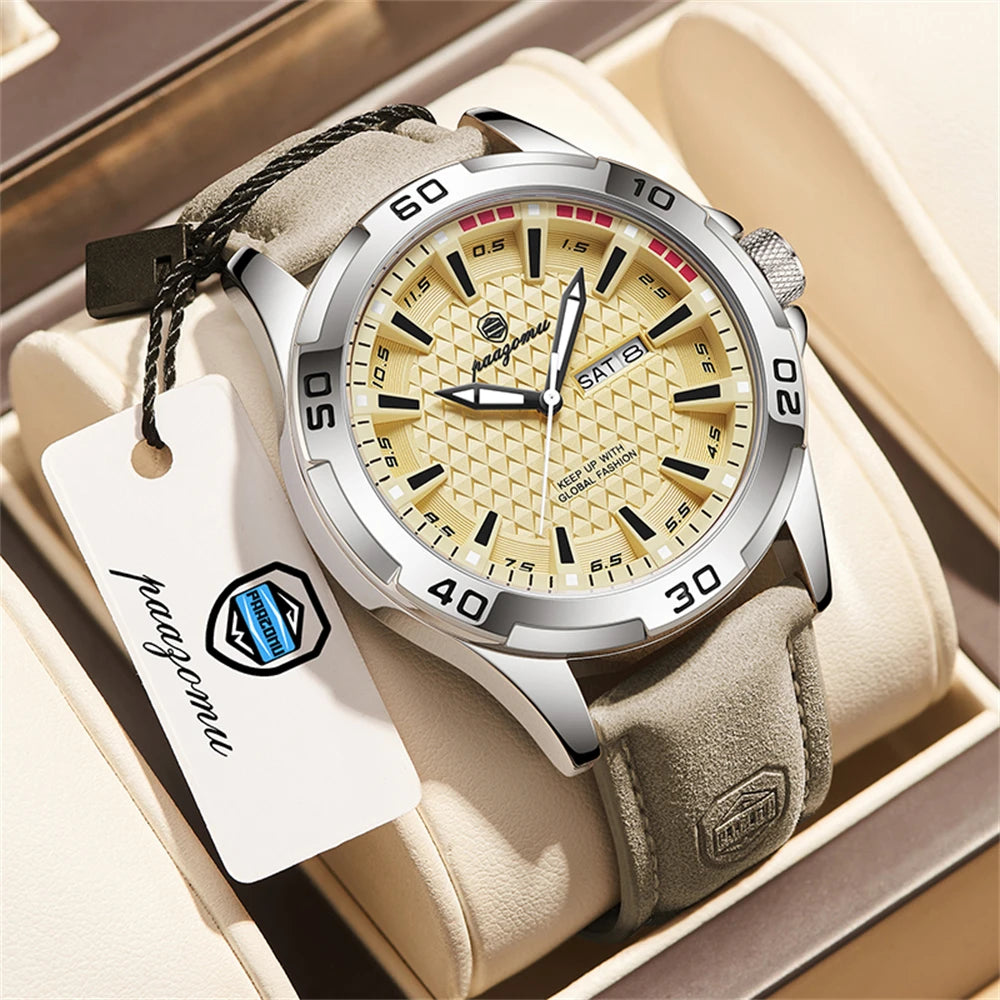 PAAZOMU Reloj de pulsera original para hombre, de lujo, resistente al agua, luminoso, con fecha y semana, de cuarzo deportivo, de cuero, para hombres Reloj