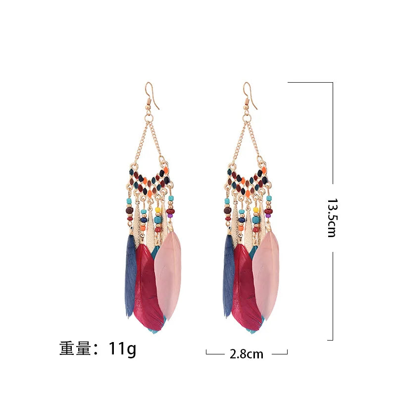 Neue ethnische Feder-Hängeohrringe für Frauen, böhmische lange Quasten-Perlen-Ohrringe, Mode-Party-Schmuck-Accessoires für Mädchen