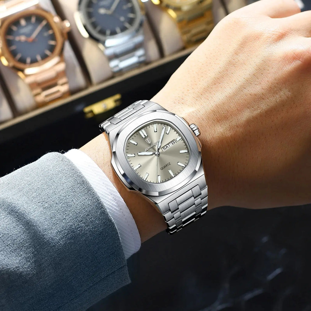 POEDAGAR Reloj de Pulsera Casual de Moda para Hombres Fecha y Día Acero Inoxidable Reloj de Hombre Luminoso Impermeable Lujo Cuarzo Relojes de Hombre+Caja