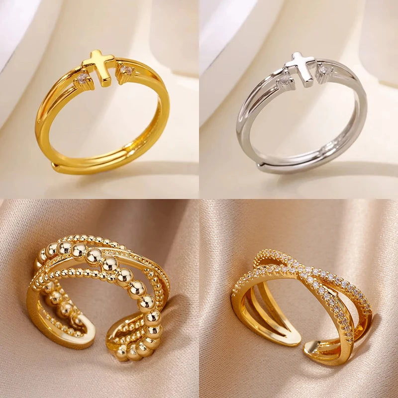 Zirkon Kreuzringe für Damen Goldfarbe Edelstahl Kristall Kreuz Verstellbarer Ring Religiöser Hochzeits-Weihnachtsschmuck Geschenk