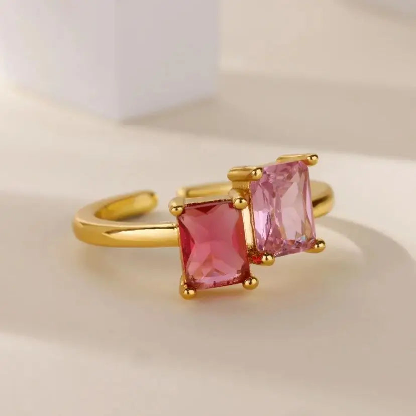 Edelstahl-Zirkonia-Quadratring für Damen, 18K vergoldet, 2 Farben, verstellbarer Ring, hypoallergener, zarter, trendiger Schmuck