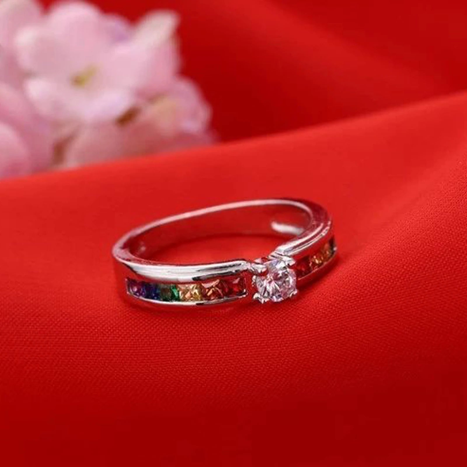 Echte 100% 925 Sterling Silber Regenbogen Zirkonia Ringe für Frauen Hochzeit Liebenswerter Verlobungsantrag Ring Accessoire