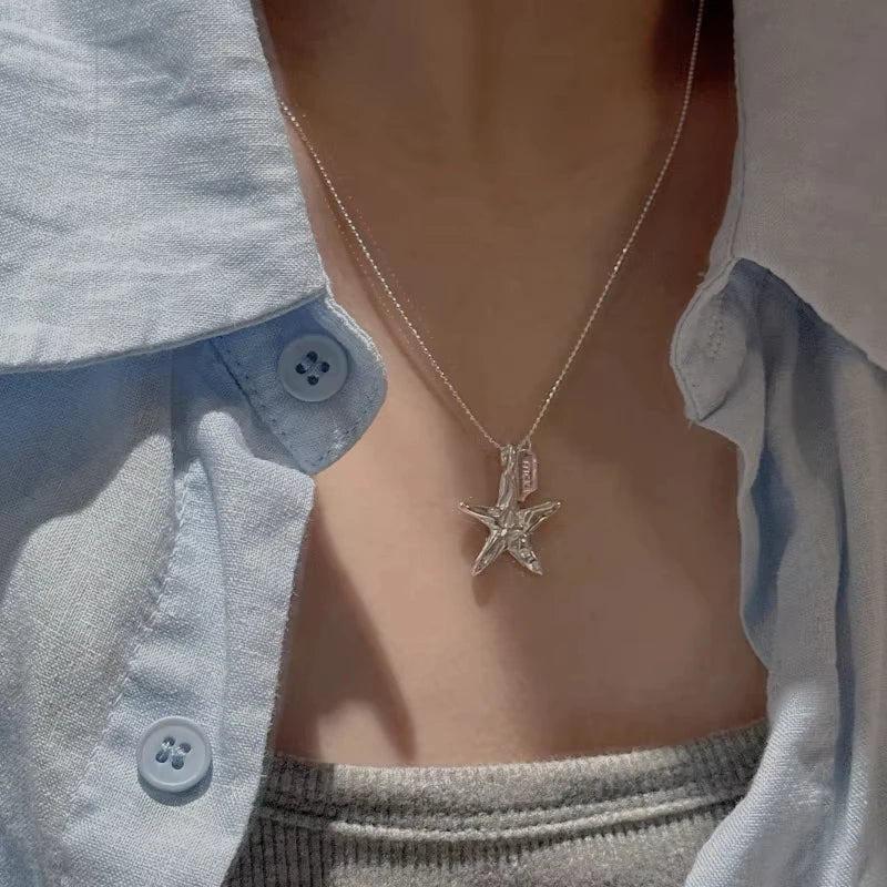 Collar de Plata de Ley 925, Bonito Colgante con Hoyuelo de Estrella de Cinco Puntas para Mujer y Niña, Regalo de Joyería, Envío Directo al por Mayor