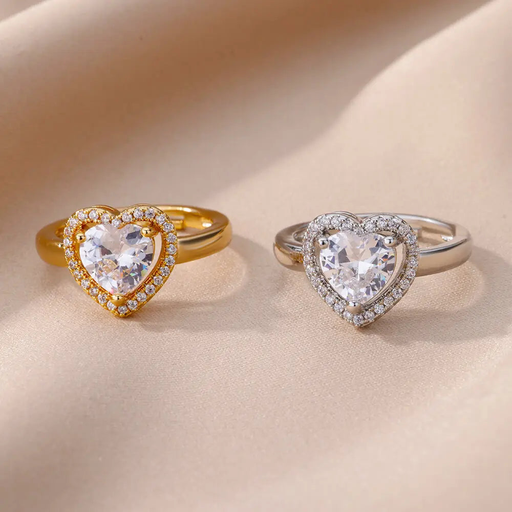 Edelstahl Herzringe für Frauen Zirkon Goldfarbe Herz Verstellbarer Ring Weiblich Hochzeit Party Accessoires Schmuck Geschenk 2024
