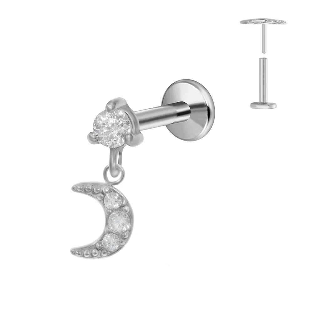 Pendiente de cartílago sin rosca con colgante de luna y estrella de titanio G23 para piercing labret con cono puntiagudo