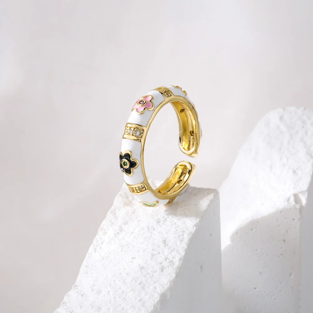 NEWBUY Bunte Emaille-Eheringe für Frauen, ovaler Blumen-Fingerring, weibliche Party-Schmuckaccessoires Großhandel