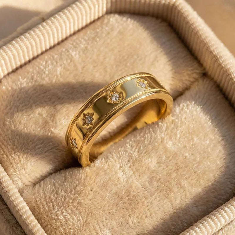925 Sterling Silber Stern Chunky Ring für Frauen Vintage Trendy Gold Farbe Zirkonia Fingerringe Punk Accessoires Schmuck Geschenk
