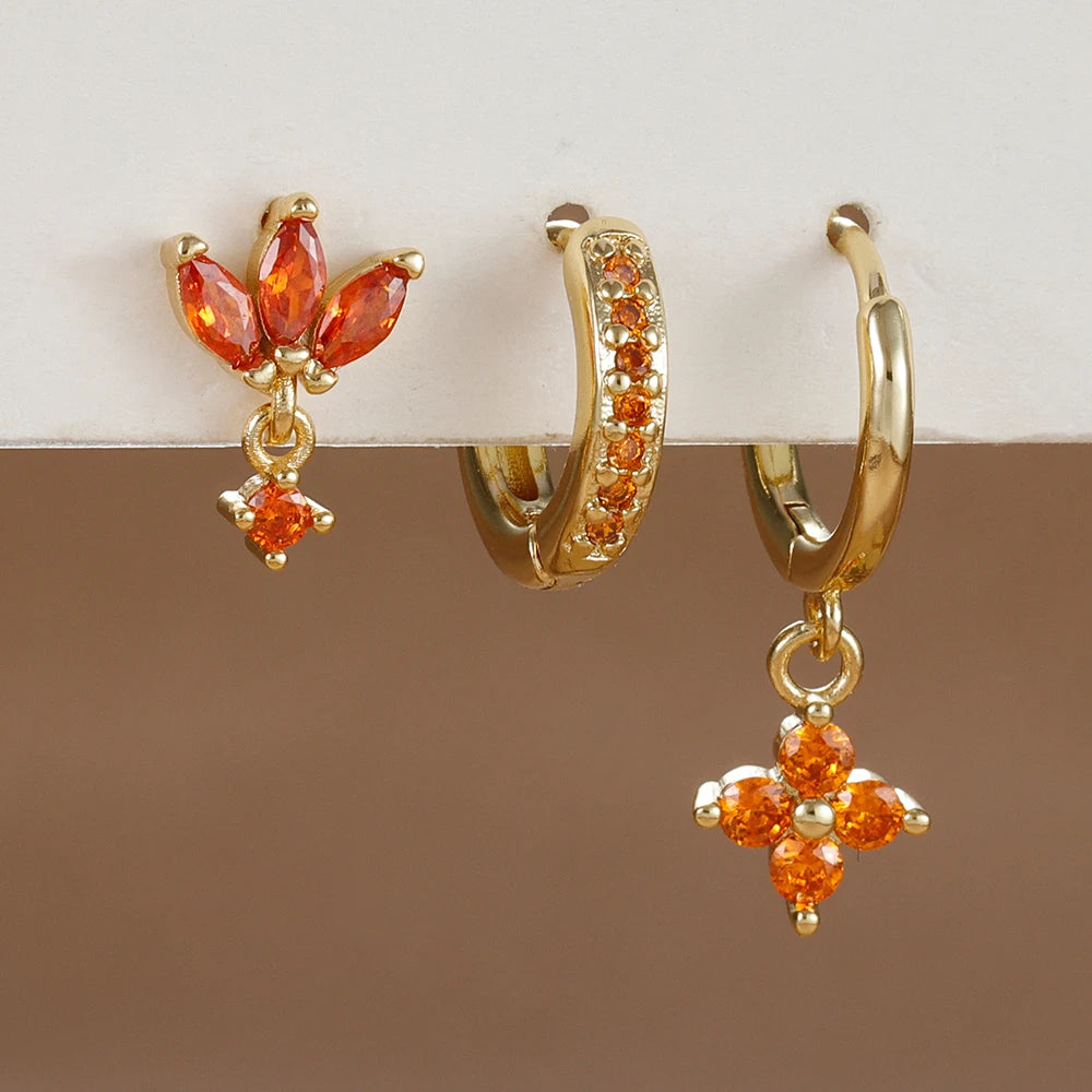 3 Paar modische orange-blaue Zirkon-Hängeohrringe für Damen, Edelstahl-Blumen-Baumelohrringe, Piercing-Schmuckset