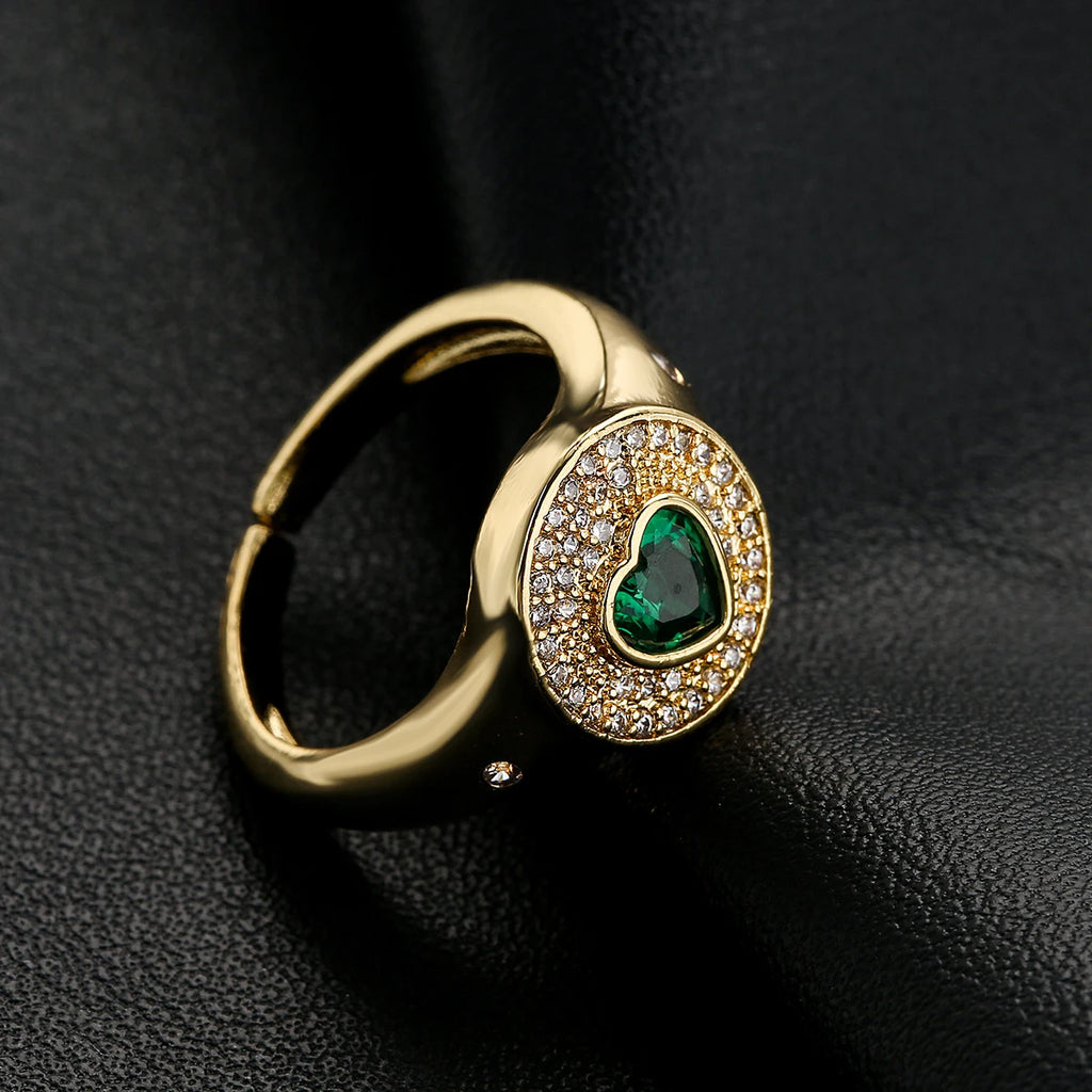NEWBUY 2024 Hot Sale Red/Green CZ Zircon Heart Rings For Women Adjustable Gold Color Copper Wedding Jewelry Femme Bijoux