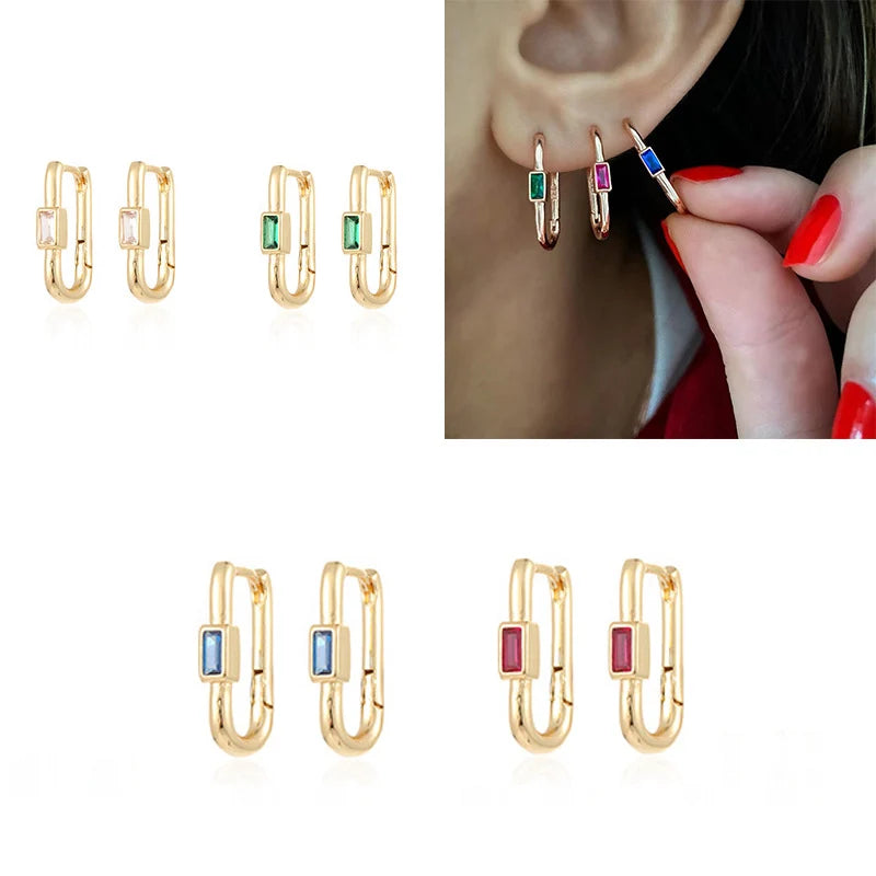 1 Paar Damen Bunte Zirkon Quadratische Ohrclips Geometrische U-förmige Creolen Tägliches Party-Pairing mit Schmuck