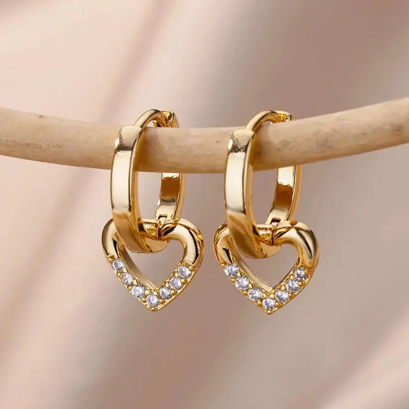 Herz Edelstahl Ohrringe für Frauen Zirkon Goldfarbe Creolen Ästhetische Wasserdichte Ohrpiercing Schmuck Accessoires