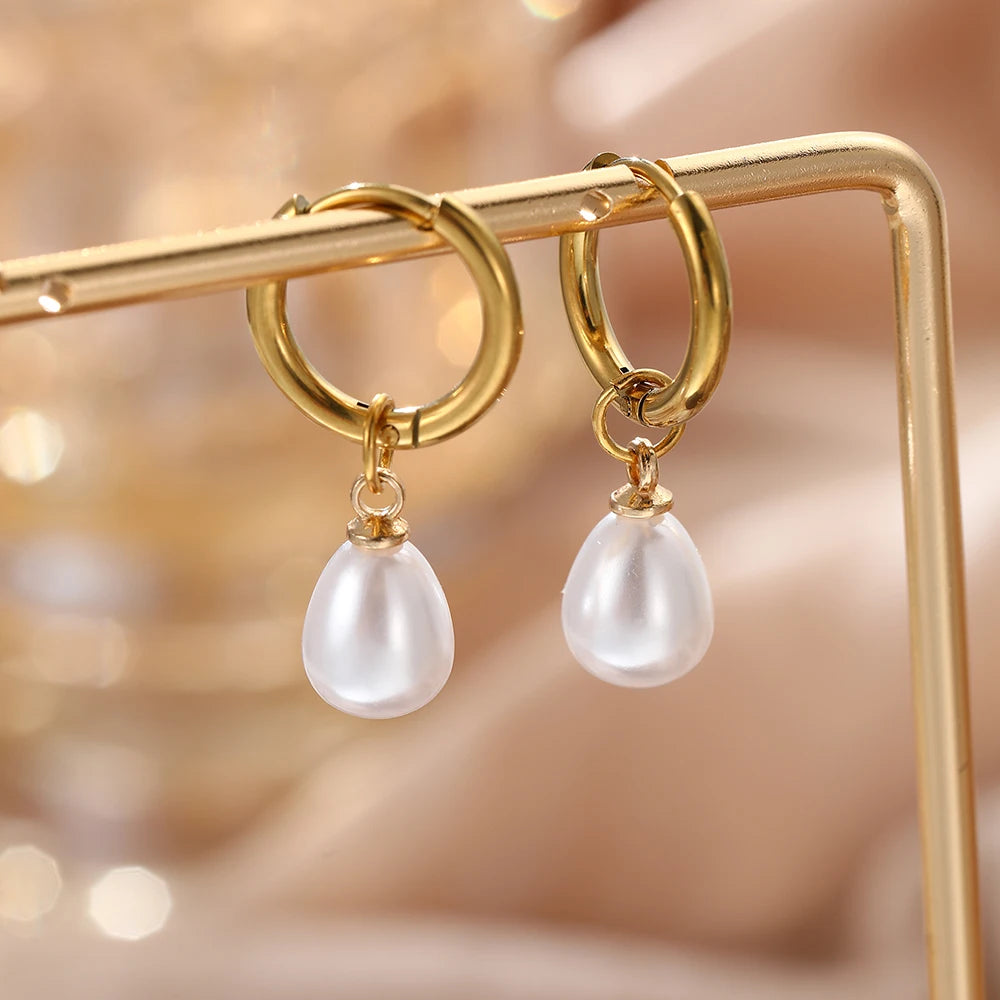 Edelstahl Tropfenförmige Imitationsperlen-Anhänger-Ohrringe Damen Alltag Pendler Eleganter Stil Ohrschmuck Accessoires