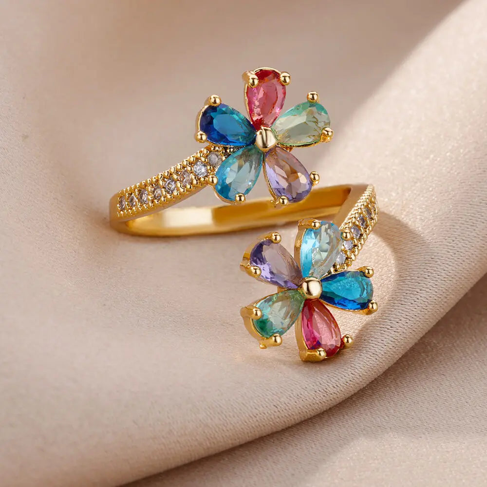 Bunte Zirkon-Doppelblumenringe für Damen, vergoldeter Edelstahl, Blumenöffnungsring, Hochzeit, ästhetischer Schmuck, Geschenk 2023
