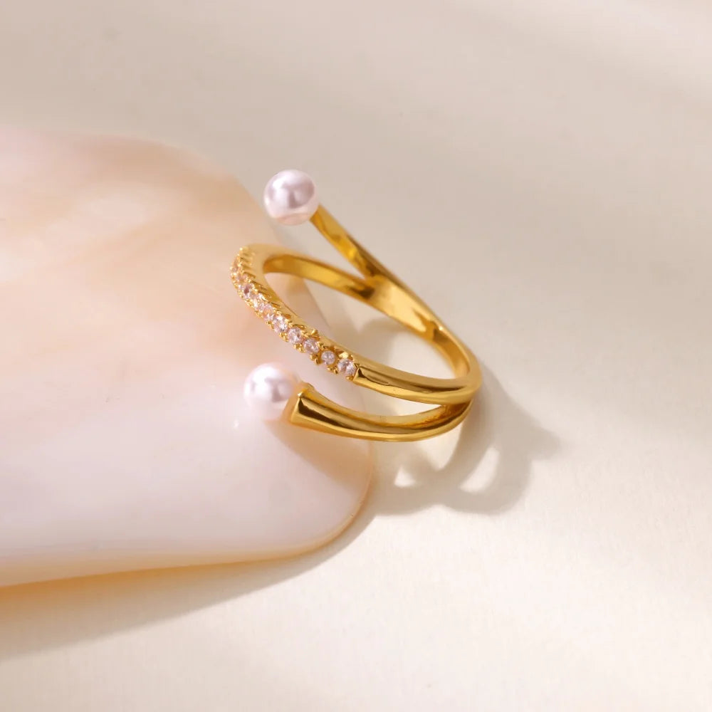 Anillo de Perlas de Imitación de Zirconia en Capas para Mujeres Anillo de Acero Inoxidable Color Dorado 2025 Nueva Tendencia Moda Boda Pareja Joyería Regalo