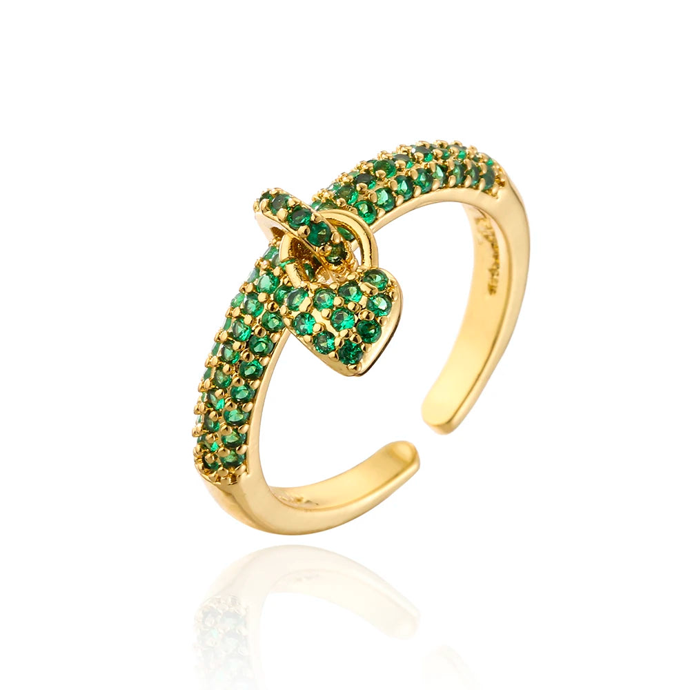 NEWBUY Fashion Bunte Zirkonia Pavé-Fassung Hochzeitsschmuck 2024 Trendiger Goldfarbener Herzanhänger Fingerring für Damen
