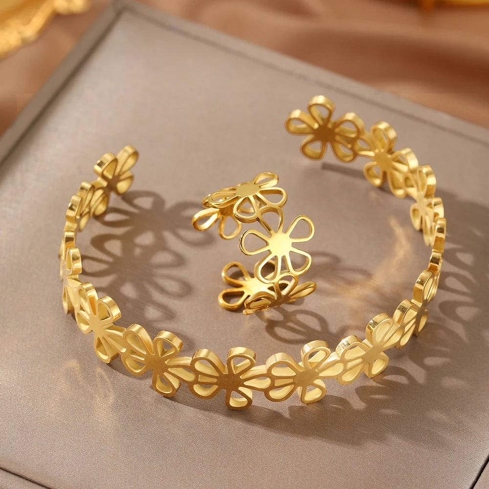 Edelstahl Armreifen Set Hohl Blumen Ungewöhnlich Retro Armreif Ring Für Frauen Schmuck Nicht verblassend Hochwertiges Geschenk Neu