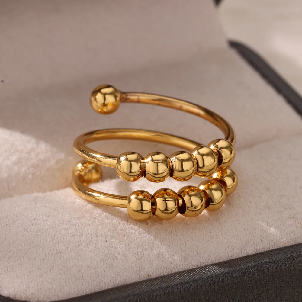 Anti-Stress Drehbare Perlenringe für Damen Herren Goldfarben Edelstahl Doppelte Glatte Perlen Fingerring Party Schmuck Geschenk