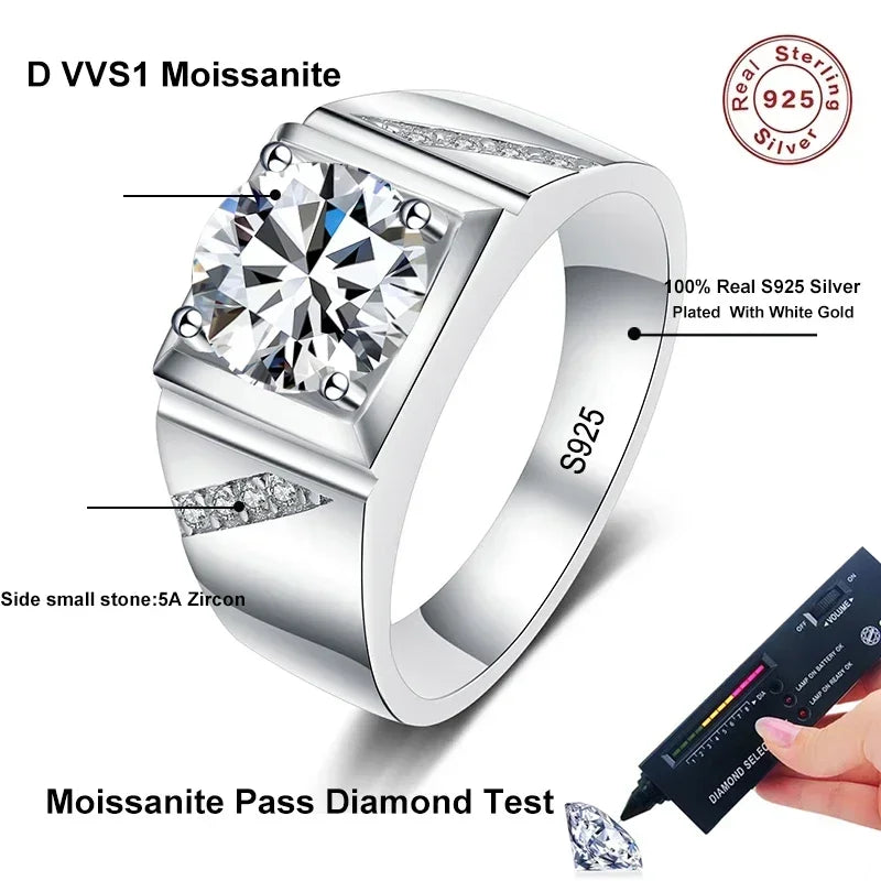 NeeTim 1ct 2ct D VVS1 Moissanit-Ring für Herren 925er Sterlingsilber mit Goldbeschichtung Verlobungs-Ehering Labor-Diamant Herrenringe
