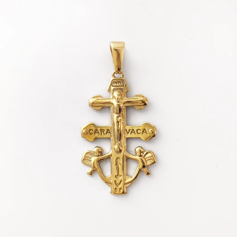 Colgante Cruz de Caravaca con Cristo y Ángeles en Relieve de Acero Inoxidable Abalorios Cruz de Caravaca Accesorios DIY