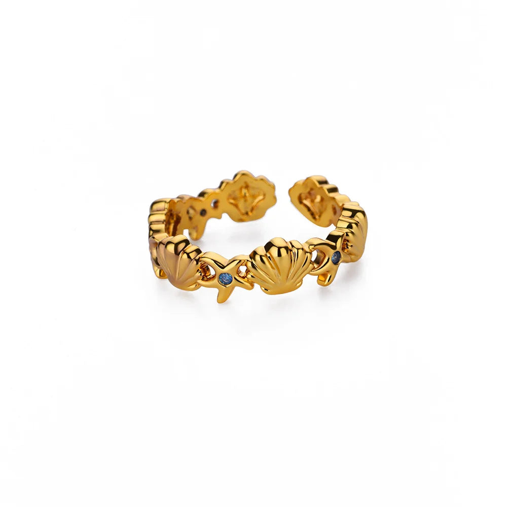 316L Edelstahl Seestern Muschel Ringe für Frauen Gold Farbe Offener Fingerring Femme Trendiger Sommerurlaub Ozean Schmuck Geschenk