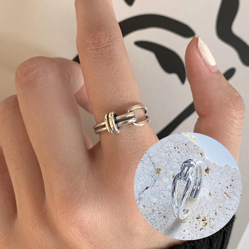 Anillo Nudo Cadena Plata de Ley 925 para Mujer, Anillo Ancho de Diseño Geométrico Rock Punk, Regalo de Joyería, Venta al por Mayor y Dropshipping