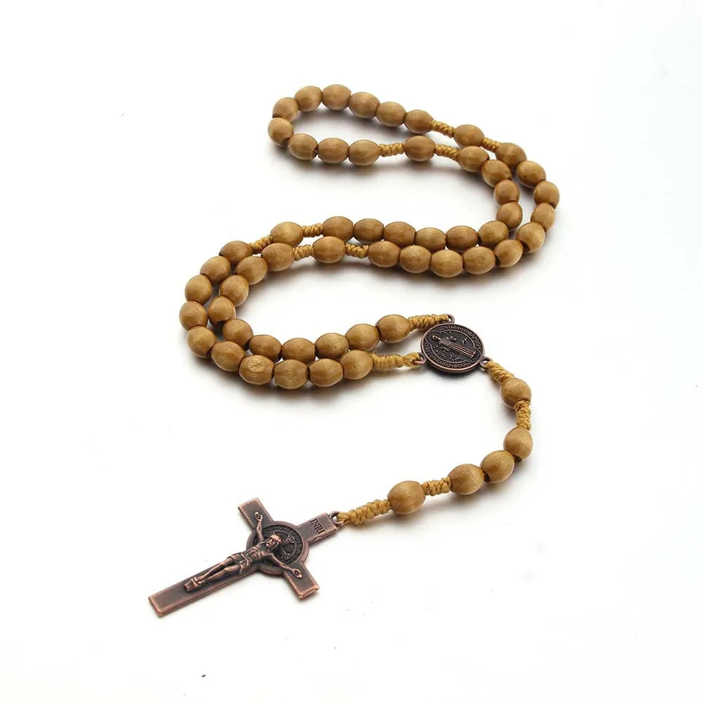 Handgemachte Rosenkranz-Halskette aus Holzperlen für Damen und Herren, Kruzifix-Kreuz-Anhänger, lange geflochtene Seilkette, religiöser Gebetsschmuck
