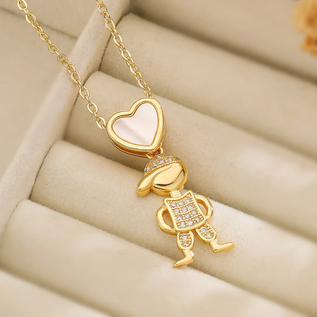 NEWBUY Delicae Gold Color Heart Boy & Girl Pendant Necklaces For Women Shiny CZ Inlay Jewelry Mother's Day Gift