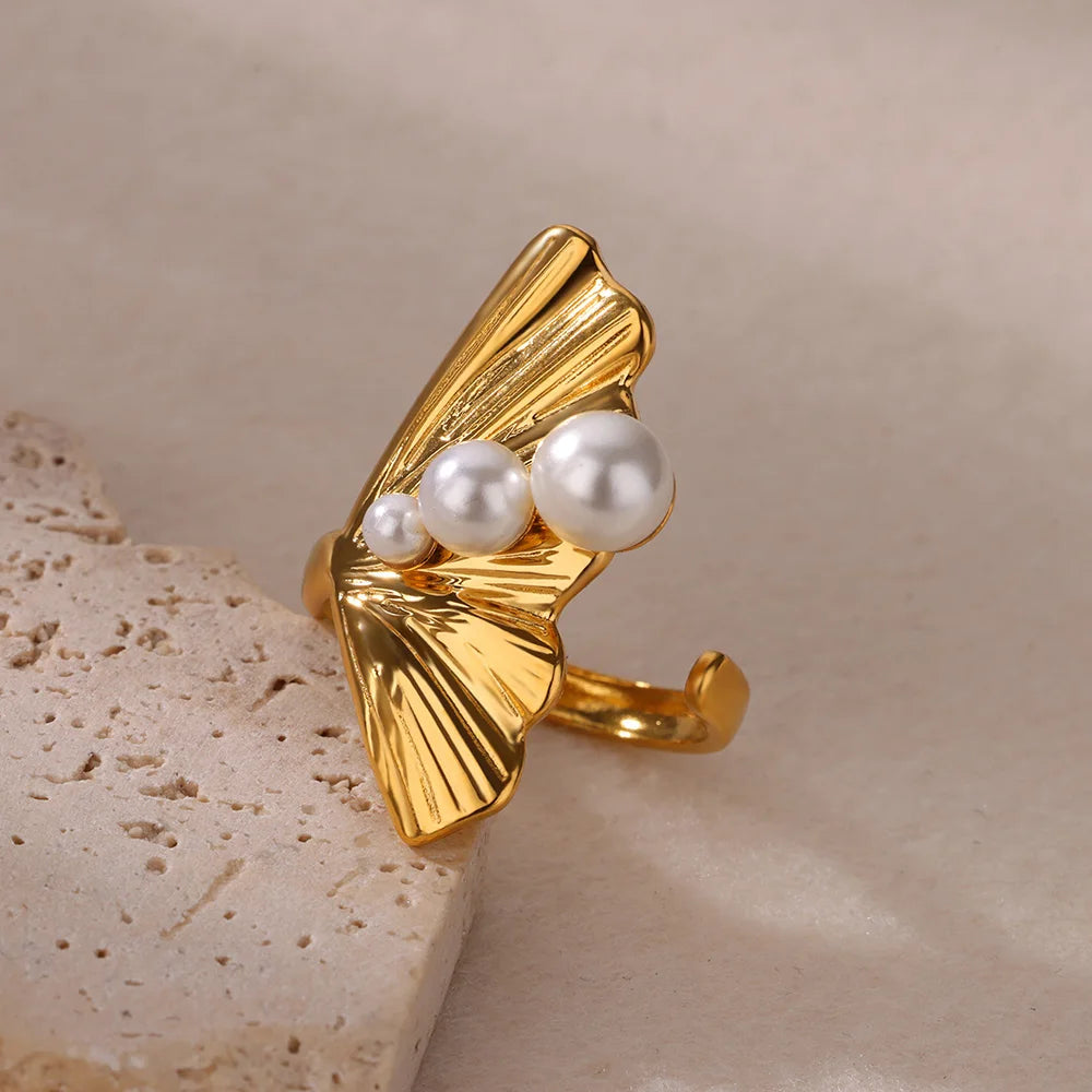 Edelstahl Blumenringe für Frauen Goldfarbe Muschel Seestern Mehrschichtiger Aushöhlungsring Modeschmuck Hochzeitsgeschenke