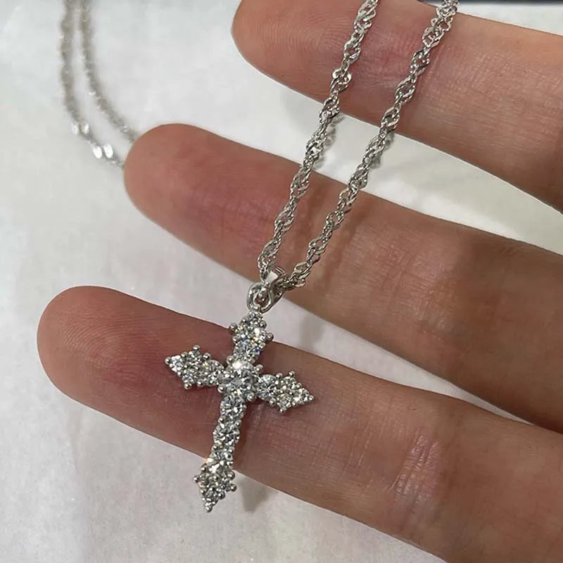 Glänzende Kristall Zirkon Kreuz Anhänger Halskette für Frauen Mädchen Punk Silber Farbe Dünne Kette Halskette Party Schmuck Geburtstagsgeschenk
