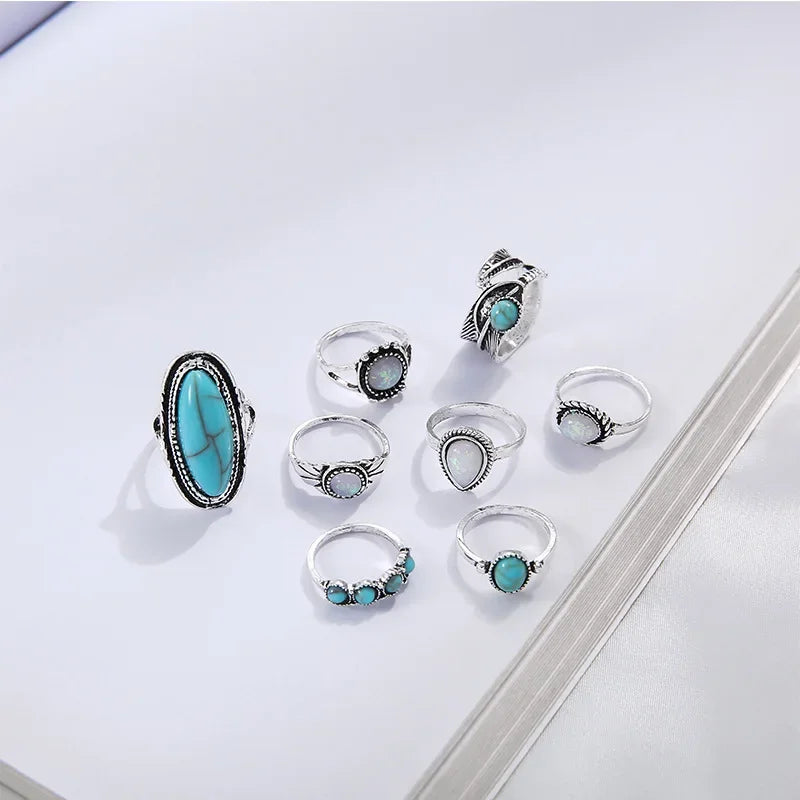 8 Stücke/Set Ringe Set Mode Lässig Retro Set Mit Türkis Geschnitztem Federring Set Hochwertiger Schmuck