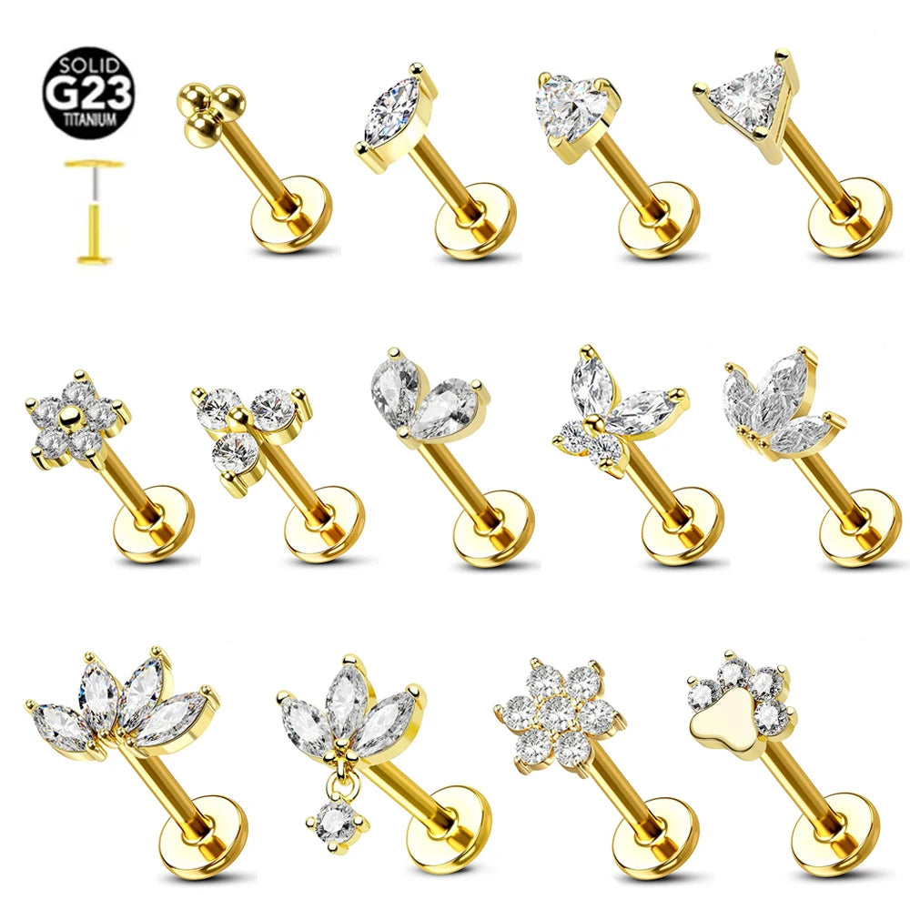 ASTM F136 G23 Titan Blume Threadless Ohrring Piercing Blütenblätter Blatt Herz Schmetterling Pin Daith Conch Push-in Labret Stecker