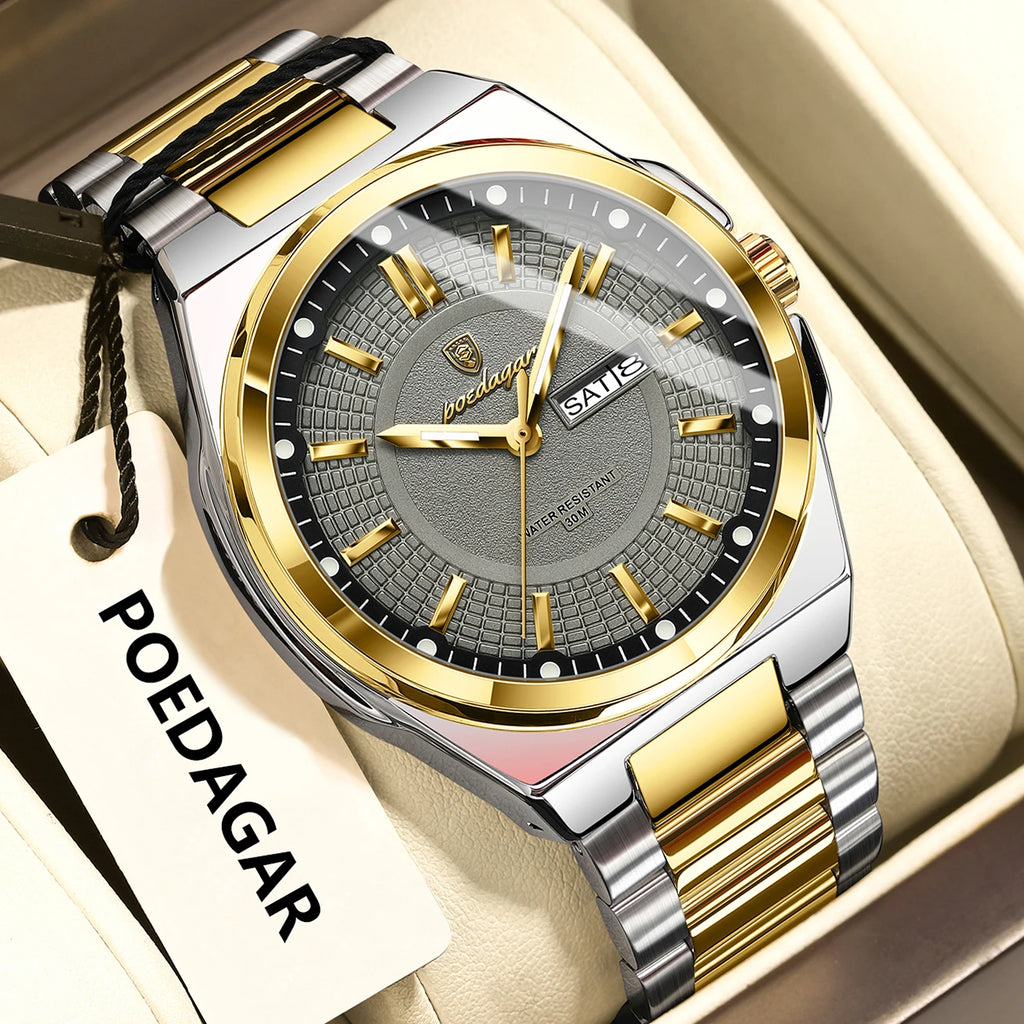 POEDAGAR Top Original Relojes de Hombre Acero Inoxidable Impermeable Luminoso Reloj de Hombre Fecha Semana Clásico de Moda Reloj de Pulsera de Cuarzo para Hombre