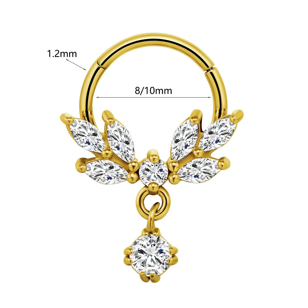 Anillo de nariz con flores, tabique, 100 % acero quirúrgico 316L, circonita, clicker, perforación Daith, cartílago de oreja, aro Helix, flores, gotas de agua