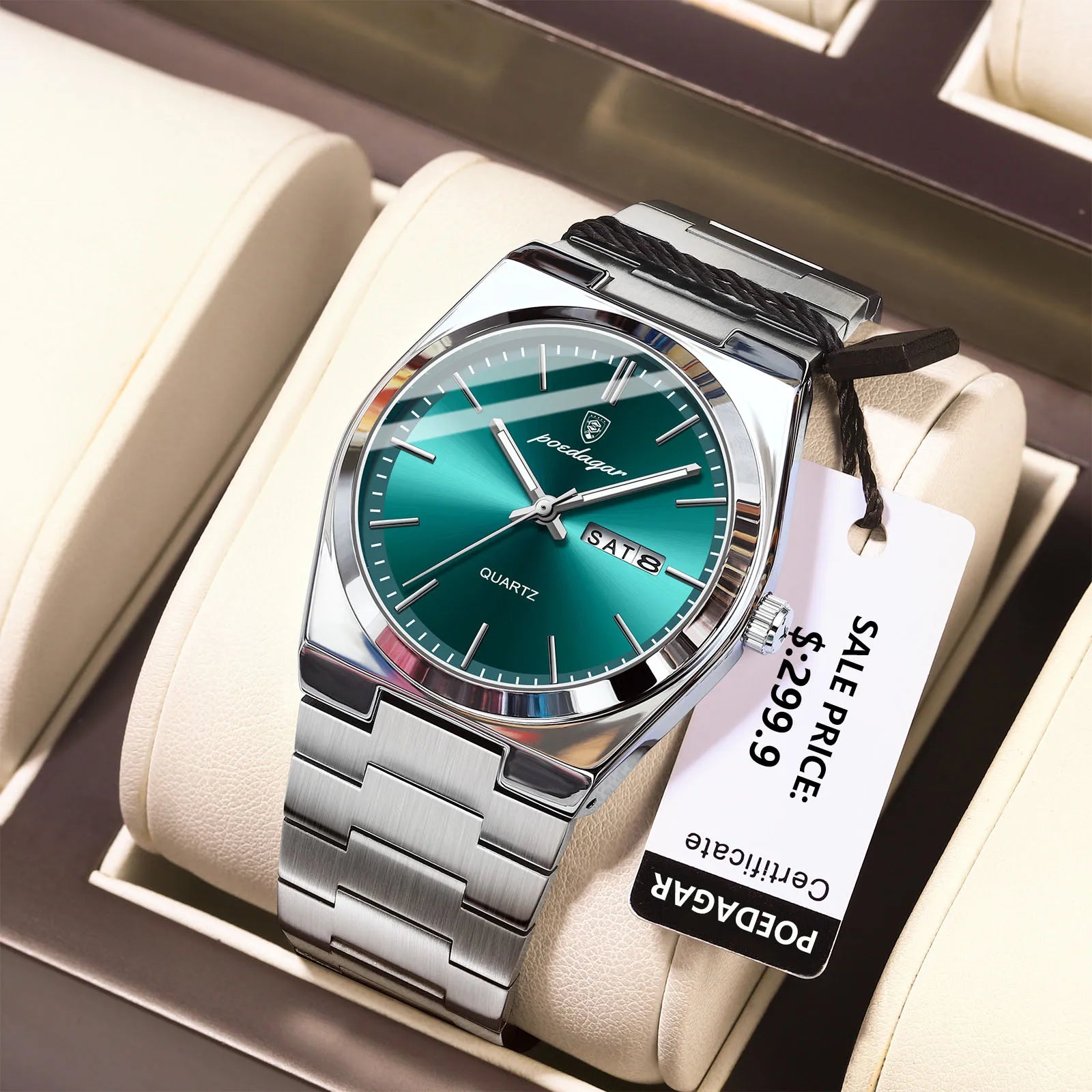 POEDAGAR Reloj de Pulsera de Cuarzo Deportivo de Lujo para Hombre, Impermeable, Luminoso, Fecha, Semana, Relojes para Hombres, Acero Inoxidable, Reloj de Hombre Masculino + caja