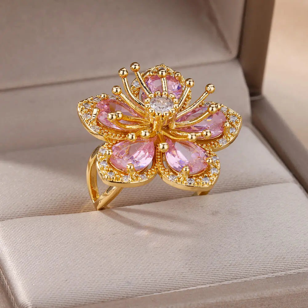 Edelstahl Blume Große Offene Ringe Für Frauen Gold Farbe Nachahmung Perle Hohlring Trendiger Ästhetischer Schmuck Geschenke