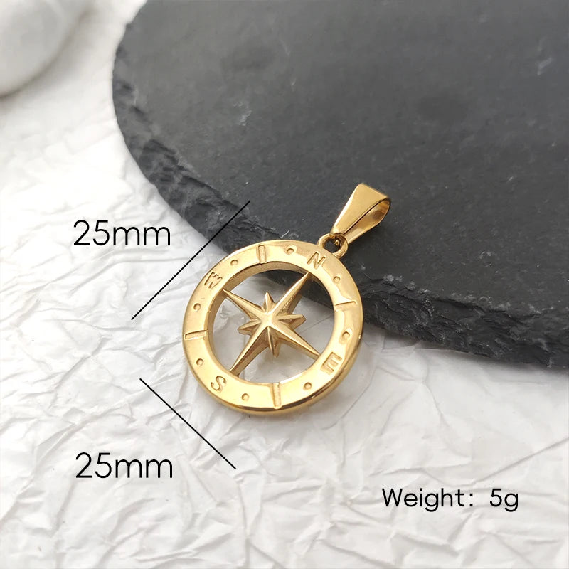 Collar con dije de brújula y estrella del norte de acero inoxidable bañado en oro de 18 quilates, hiphop, impermeable, joyería para hombre, regalo