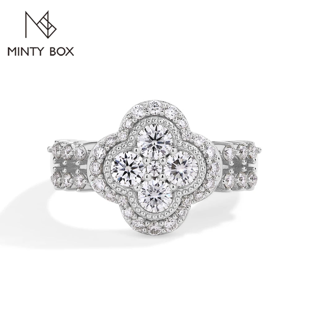 MINTYBOX Moissanit 18k Weißgold plattiert Diamantring für Damen S925 Sterling Silber Verlobung Hochzeit Edelschmuck Vierblättrig