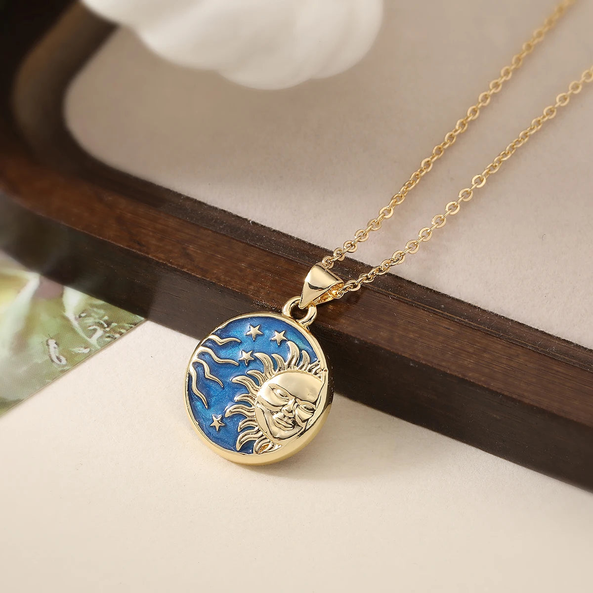 NEWBUY Delicate Blue Oil Dripping Star Moon Sun Round Pendant Necklaces For Elegant Women Bitrhday Gift
