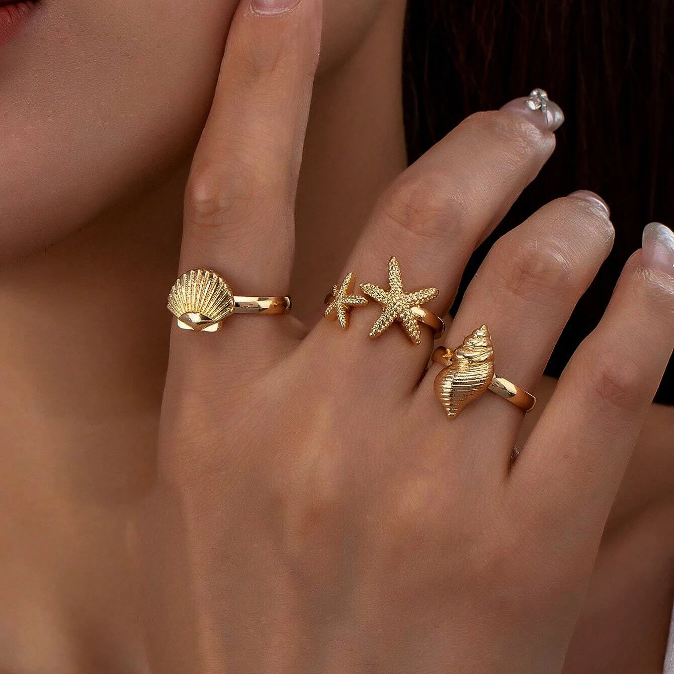 Anillos Abiertos de Acero Inoxidable con Concha de Estrella de Mar para Mujer, Anillo Ajustable Color Oro para Dedo, Joyas de Moda para Vacaciones en el Mar, Regalos
