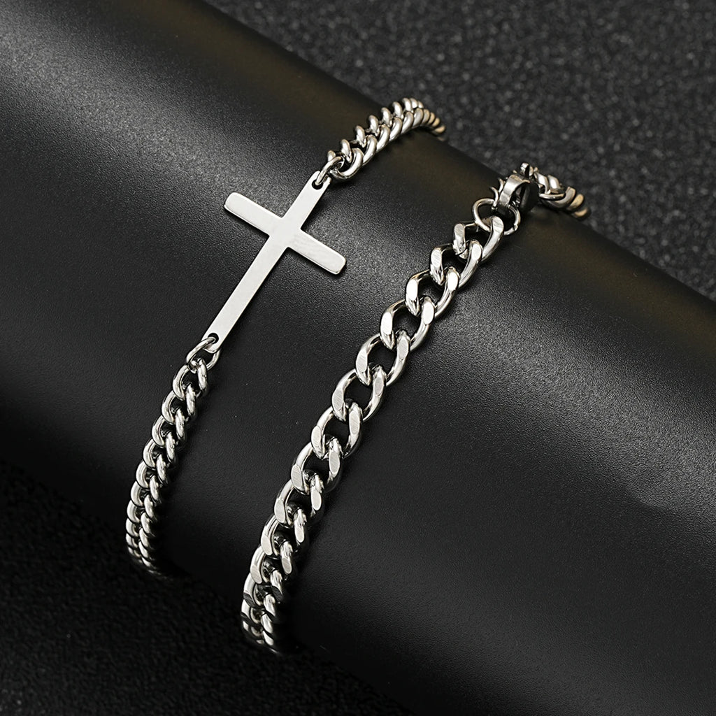 2024 Neues Edelstahl Kreuz Cuban Kette Armband Set für Herren Hip Hop Punk Schlangenkette Armbänder Mode Unisex Schmuck Geschenke