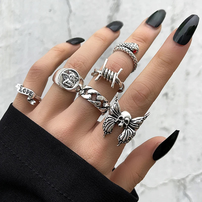 Anillo de elementos múltiples de metal estilo Punk vintage para mujer y hombre, anillos de dedo de calavera de serpiente mariposa de Color plata antigua, joyería gótica