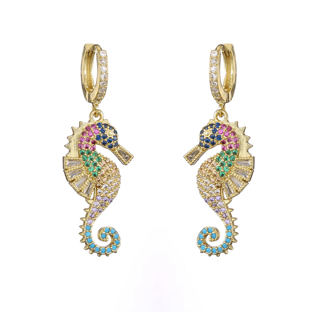 NEWBUY 2024 Trendige Bunte AAA Zirkonia Inlay Seepferdchen Ohrhänger für Damen Party Schmuck