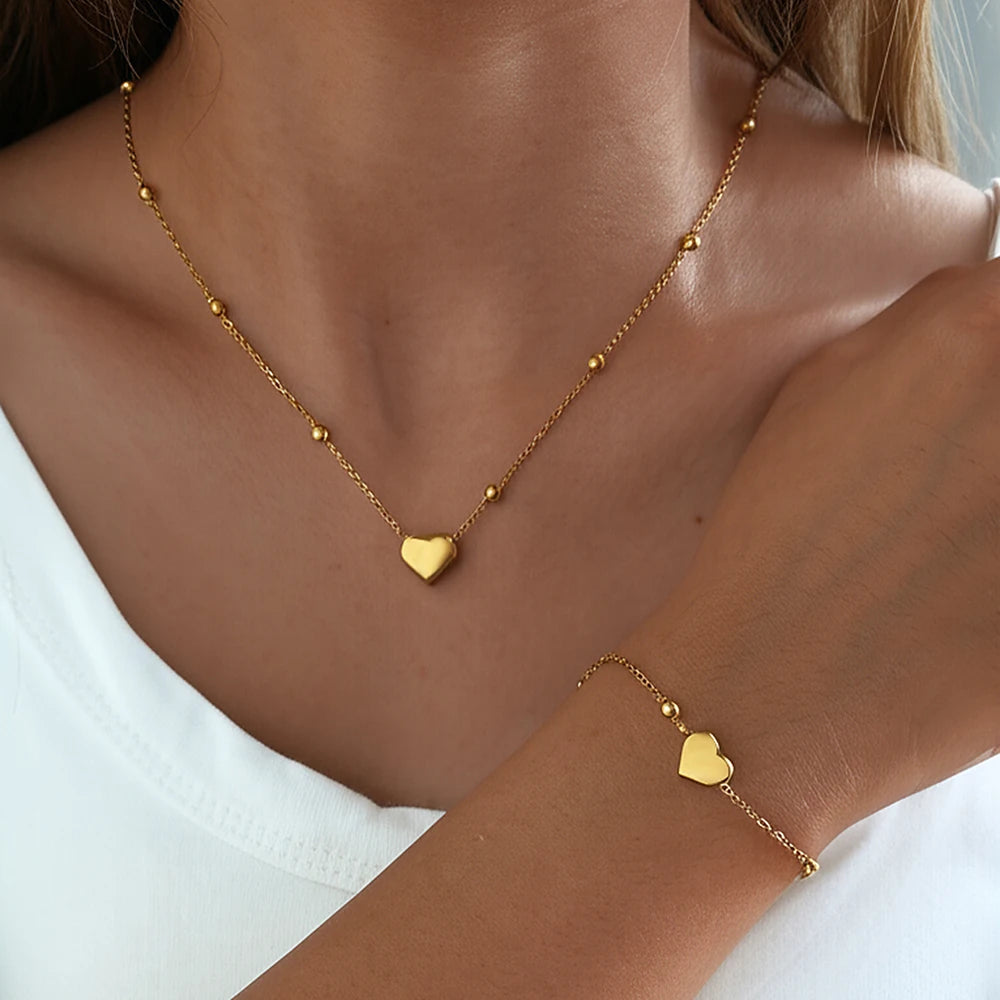 DOTIFI Edelstahl Stereoskopischer Herz-Anhänger Halskette Armband Schmuckset Einfach Mode Pendler Für Frauen Schmuck Geschenk
