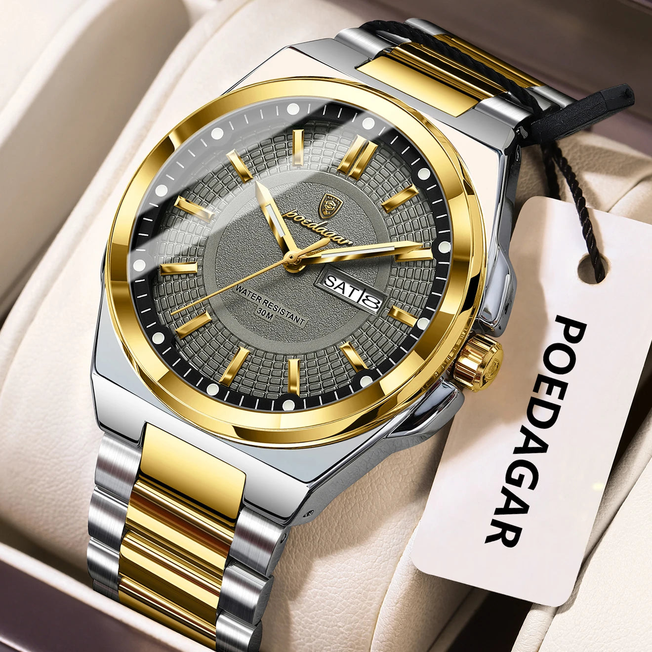 POEDAGAR Top Original Relojes de Hombre Acero Inoxidable Impermeable Luminoso Reloj de Hombre Fecha Semana Clásico de Moda Reloj de Pulsera de Cuarzo para Hombre