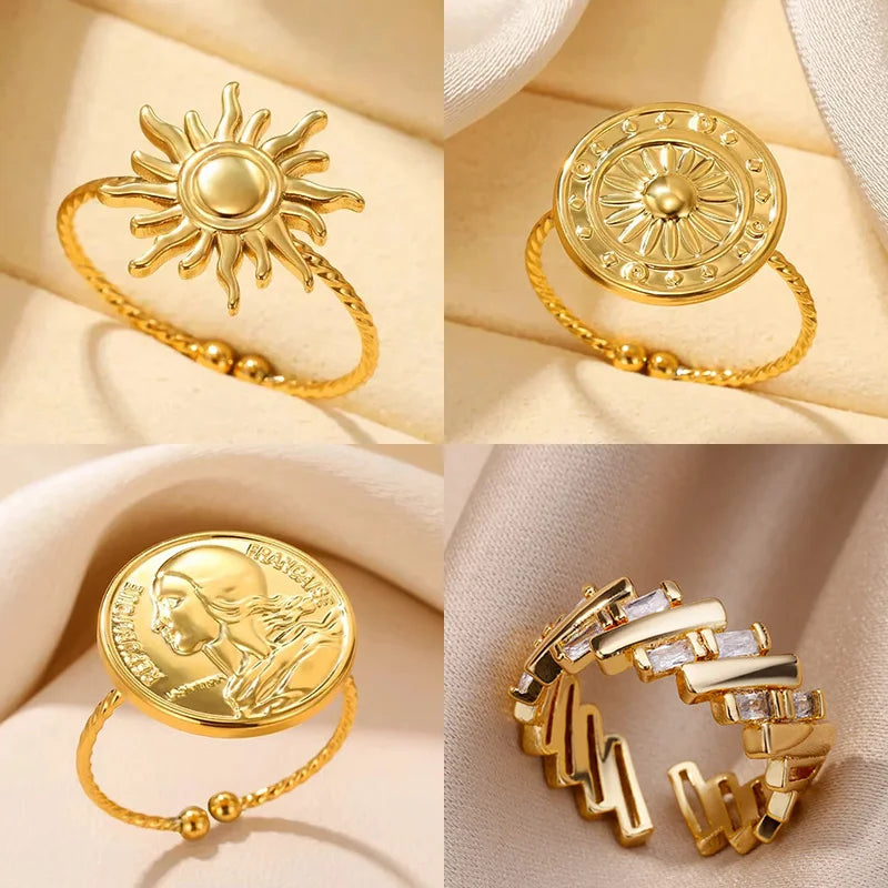 Edelstahl Sonnenringe für Frauen Goldfarbe Sonne Schmetterling Finger Verstellbarer Ring Ästhetischer Mode Hochzeitsschmuck Geschenk