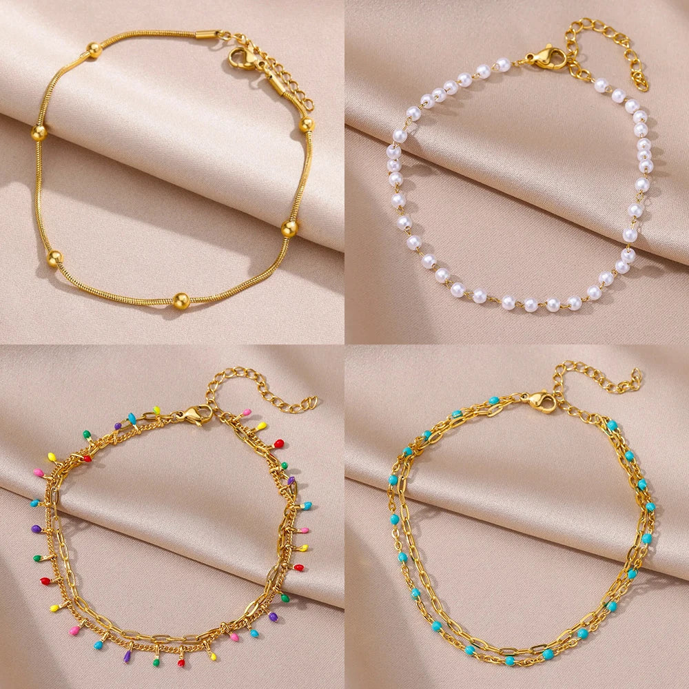Edelstahl-Imitationsperlen-Fußkettchen für Damen, goldfarbene Kette, Knöchel-Armband, Fußkettchen, Sommer-Strandschmuck-Accessoires, Geschenk
