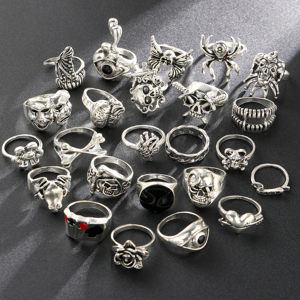 24-teiliges Gothic-Skelett-Unisex-Ring-Set Punk Grunge Schmetterling Frosch Damen Herren Schmuck Hip Hop Party Street Ring Accessoires Geschenk